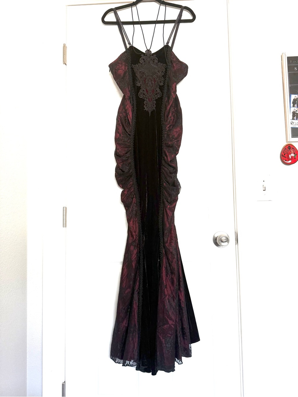 Black & Burgundy Lace-Panel Evening Gown